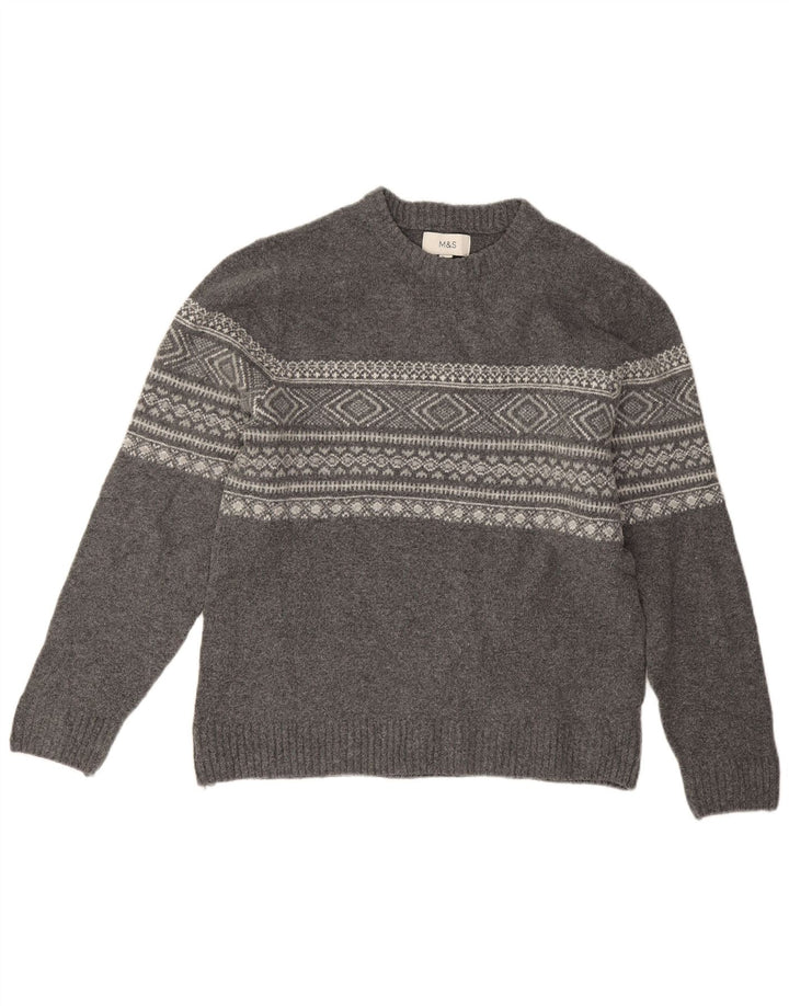 Marks & Spencer Męski sweter z okrągłym dekoltem, średnioszary Fair Isle