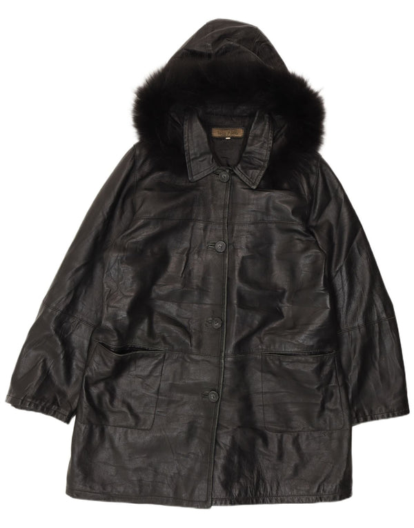 Vintage damski płaszcz skórzany z kapturem IT 50 XL, czarna skóra