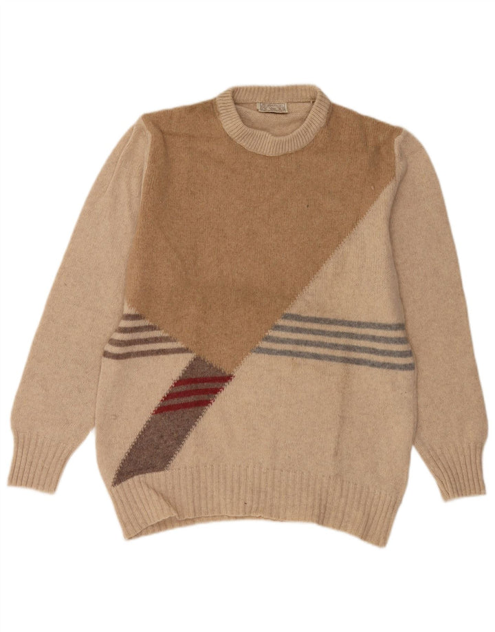 Vintage męski sweter z okrągłym dekoltem, duży, beżowy blok kolorów
