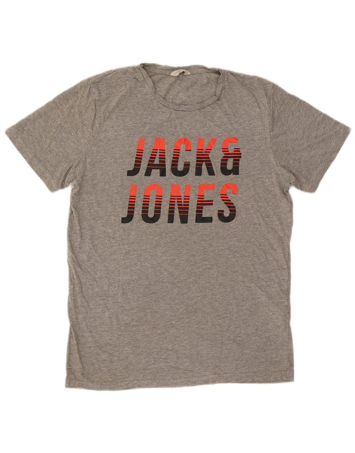 Męska koszulka z grafiką JACK & JONES, średnia szara bawełna
