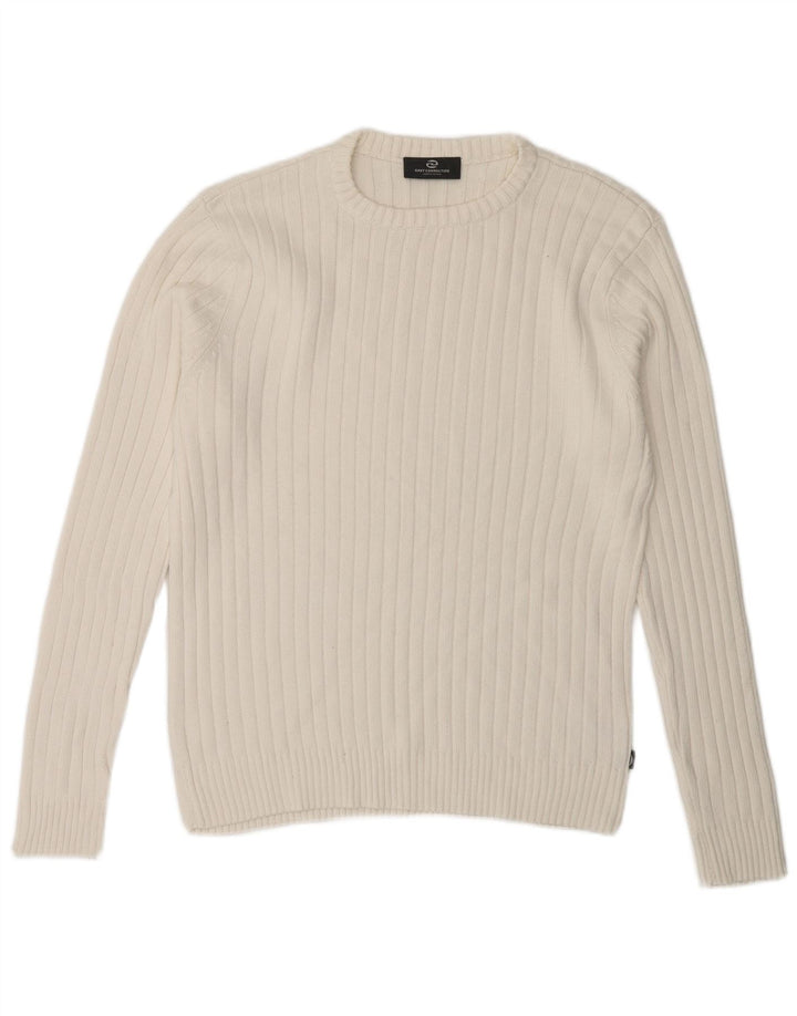Vintage męski sweter z wycięciem pod szyją, mały, biały, bawełniany