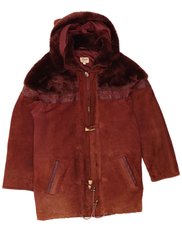 Damski, oversize'owy, zamszowy płaszcz z kapturem Yuppie UK 10, mała, brązowa skóra