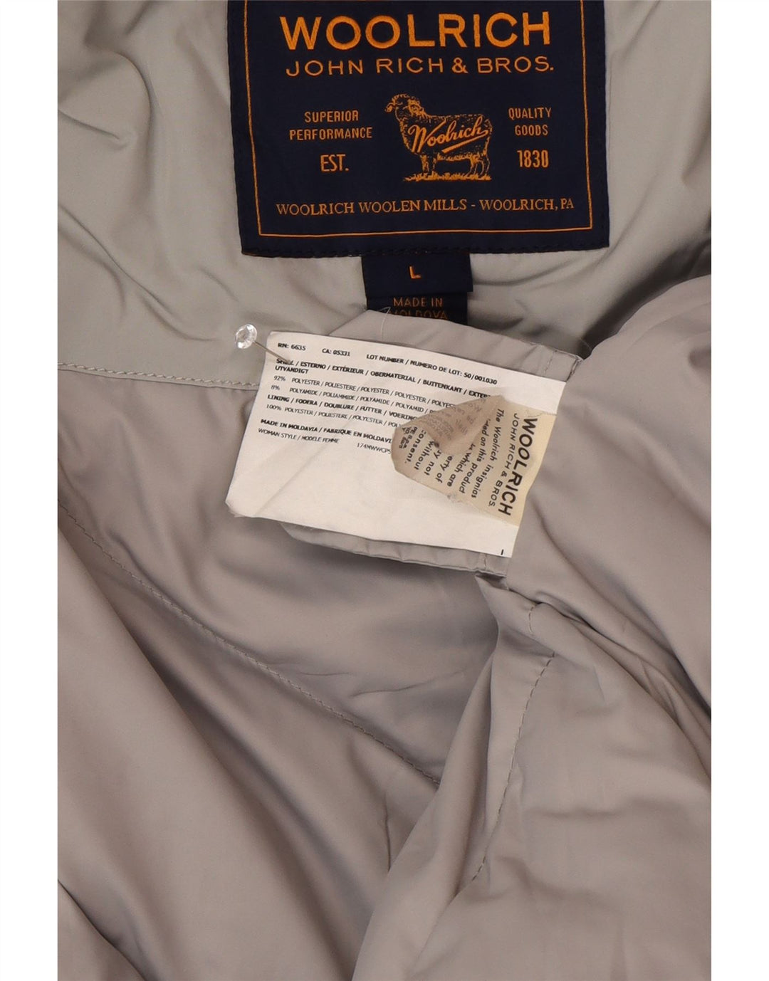 Damska kurtka parka z kapturem Woolrich UK 16, duża, szara, poliestrowa, zimowa