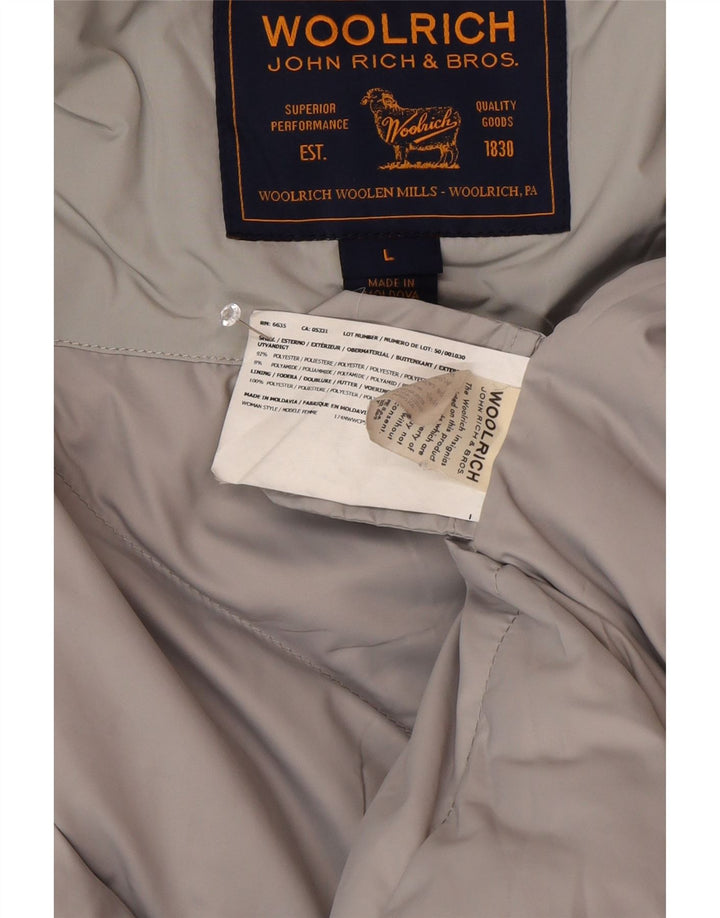 Damska kurtka parka z kapturem Woolrich UK 16, duża, szara, poliestrowa, zimowa