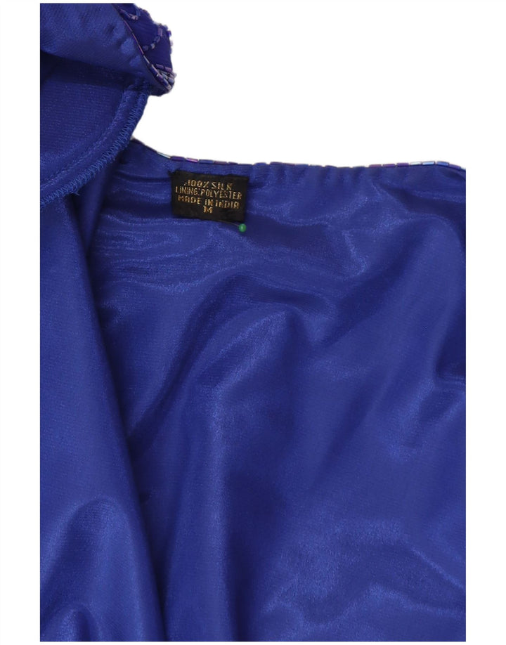 Vintage damska krótka marynarka UK 14, średni niebieski jedwab