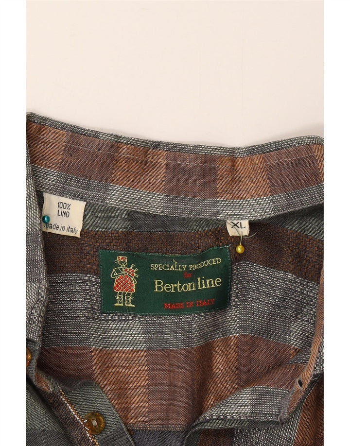 Vintage męska koszula pulowerowa z krótkim rękawem XL, wielokolorowa lniana krata