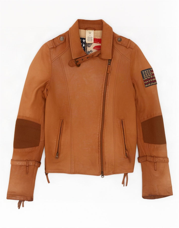 Damska skórzana kurtka motocyklowa True Religion UK 10 w małych beżowych blokach kolorów
