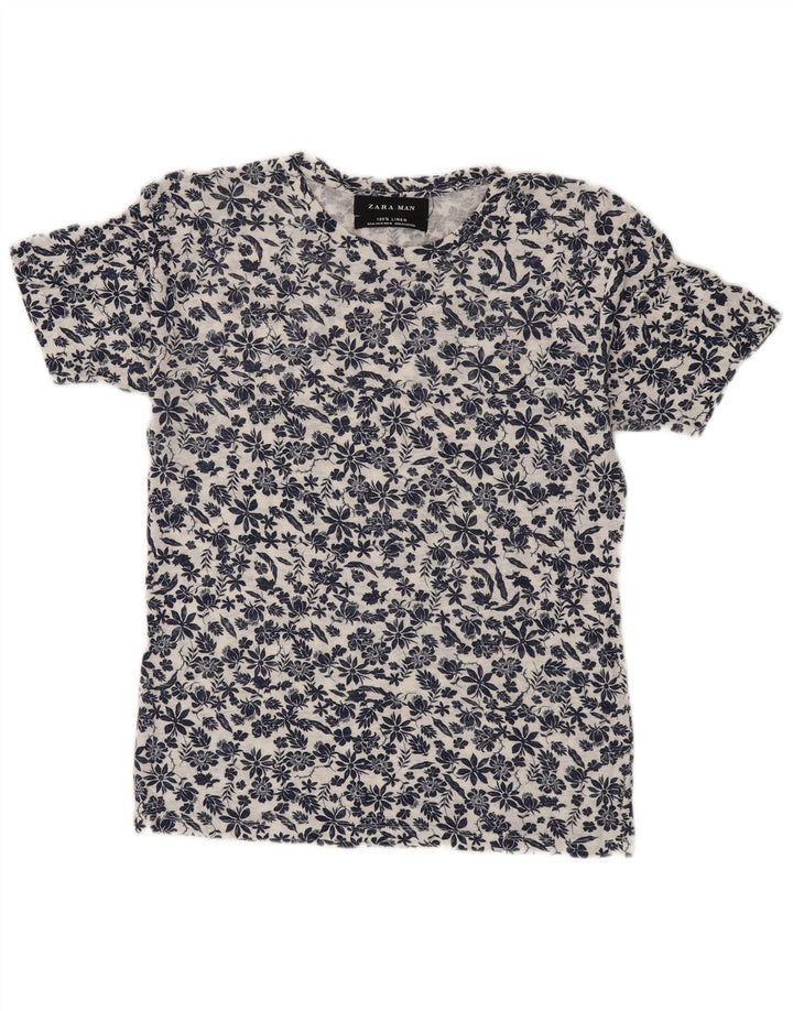 Męski t-shirt Zara, średniej wielkości biała, lniana tkanina w kwiaty