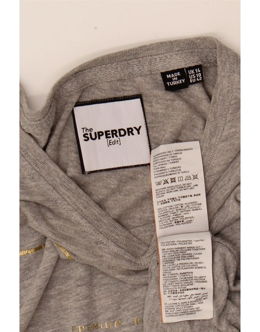 Damska koszulka z grafiką SUPERDRY Top UK 14, duża, szara bawełna