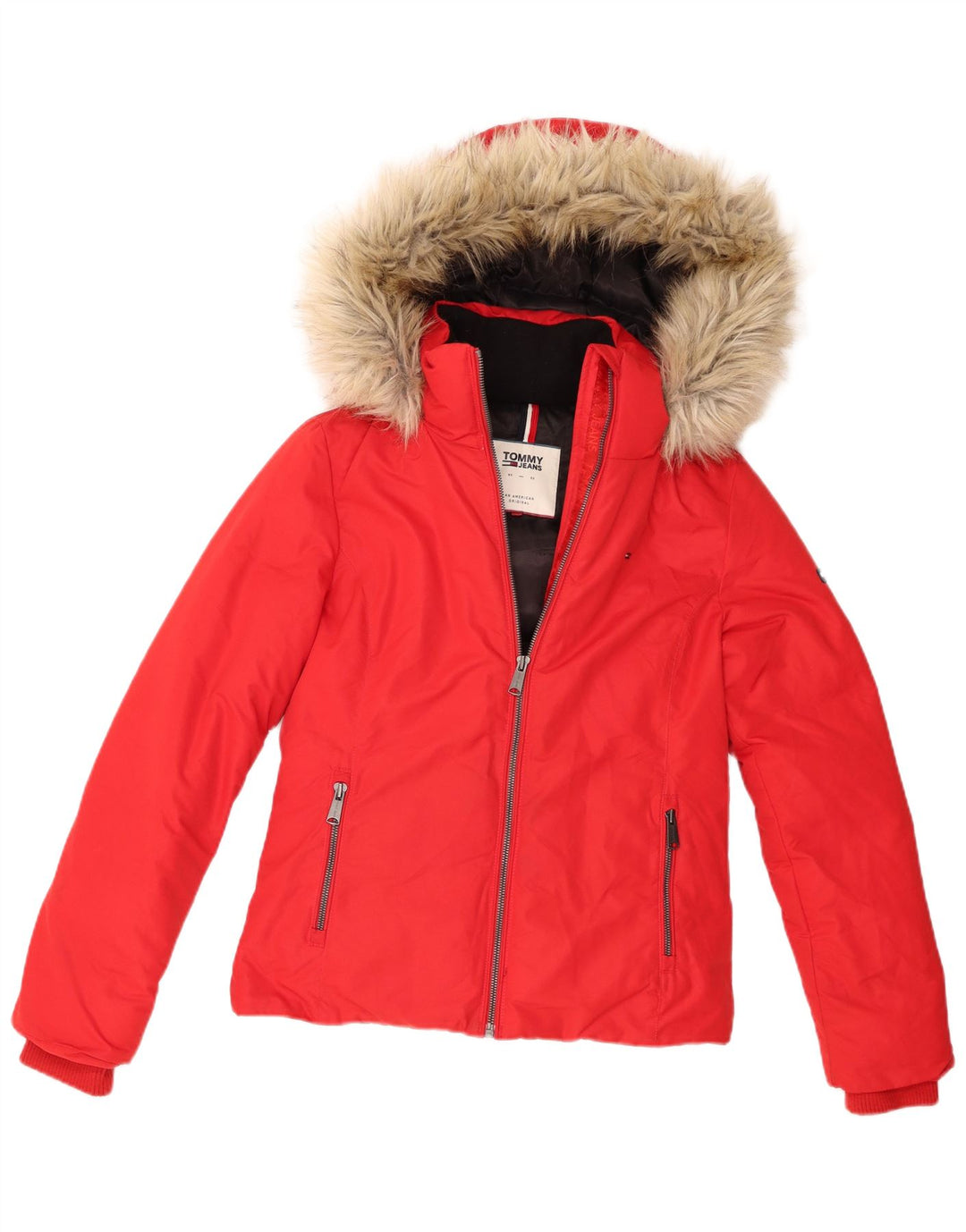 Damska ocieplana kurtka z kapturem Tommy Hilfiger UK 10, mała, czerwona, poliestrowa
