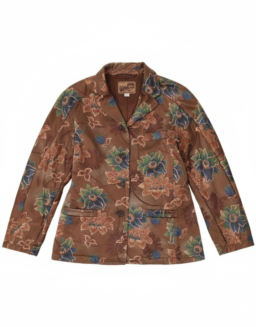 Vintage damska marynarka zapinana na 4 guziki UK 14, średni brąz w kwiaty