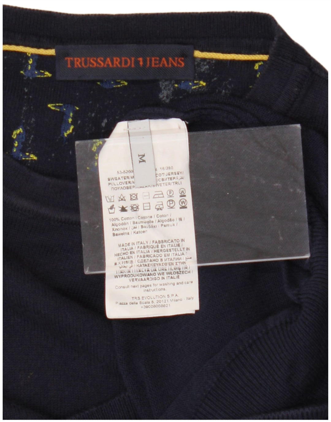 TRUSSARDI JEANS Mens Crew Neck Jumper Sweater Medium Navy Blue Cotton