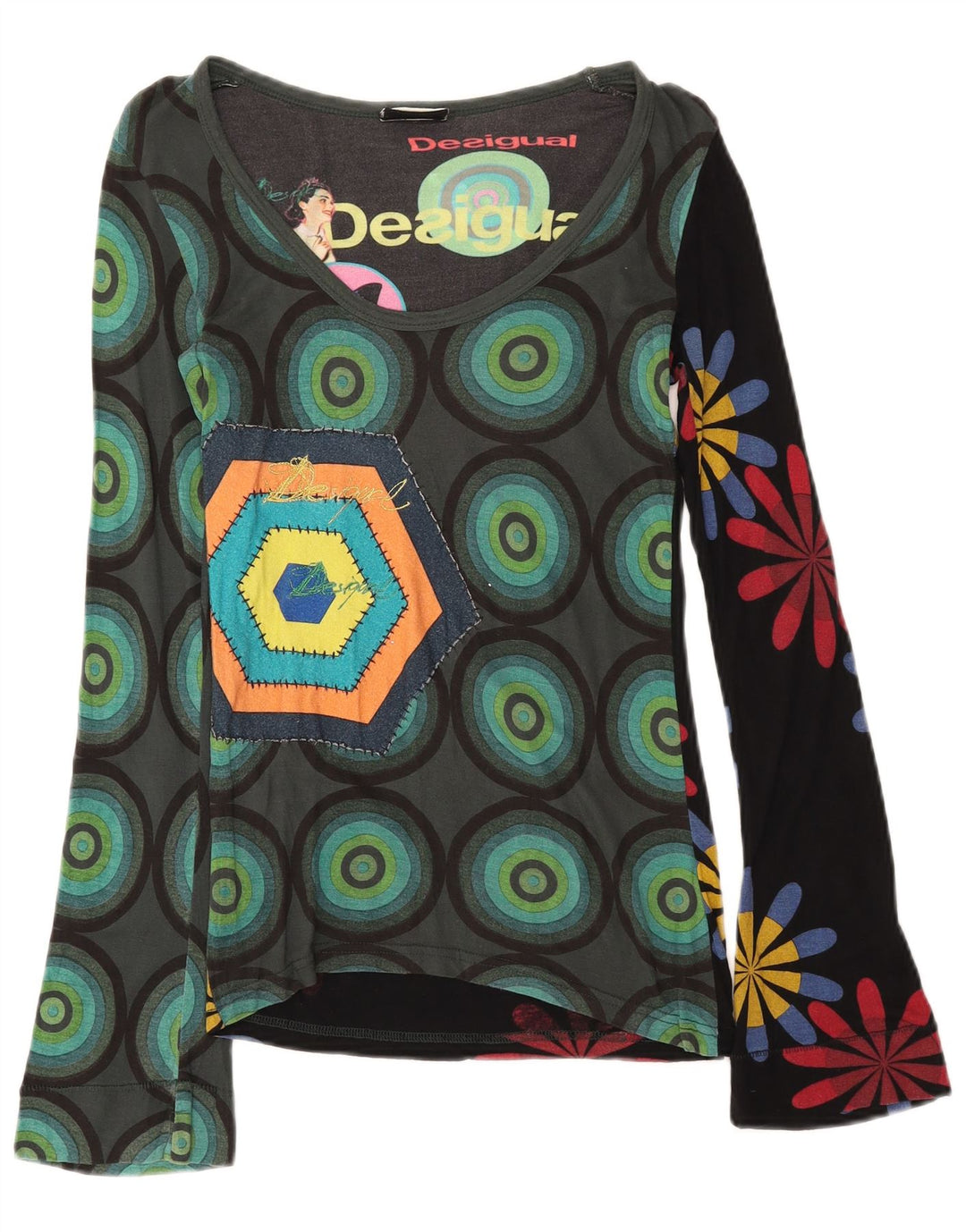 Damski graficzny top Desigual z długim rękawem UK 8 Small, wielobarwna wiskoza