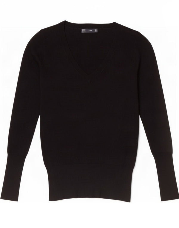 Sweter damski Zara z dekoltem w kształcie litery V, UK 10, mały czarny sztuczny jedwab