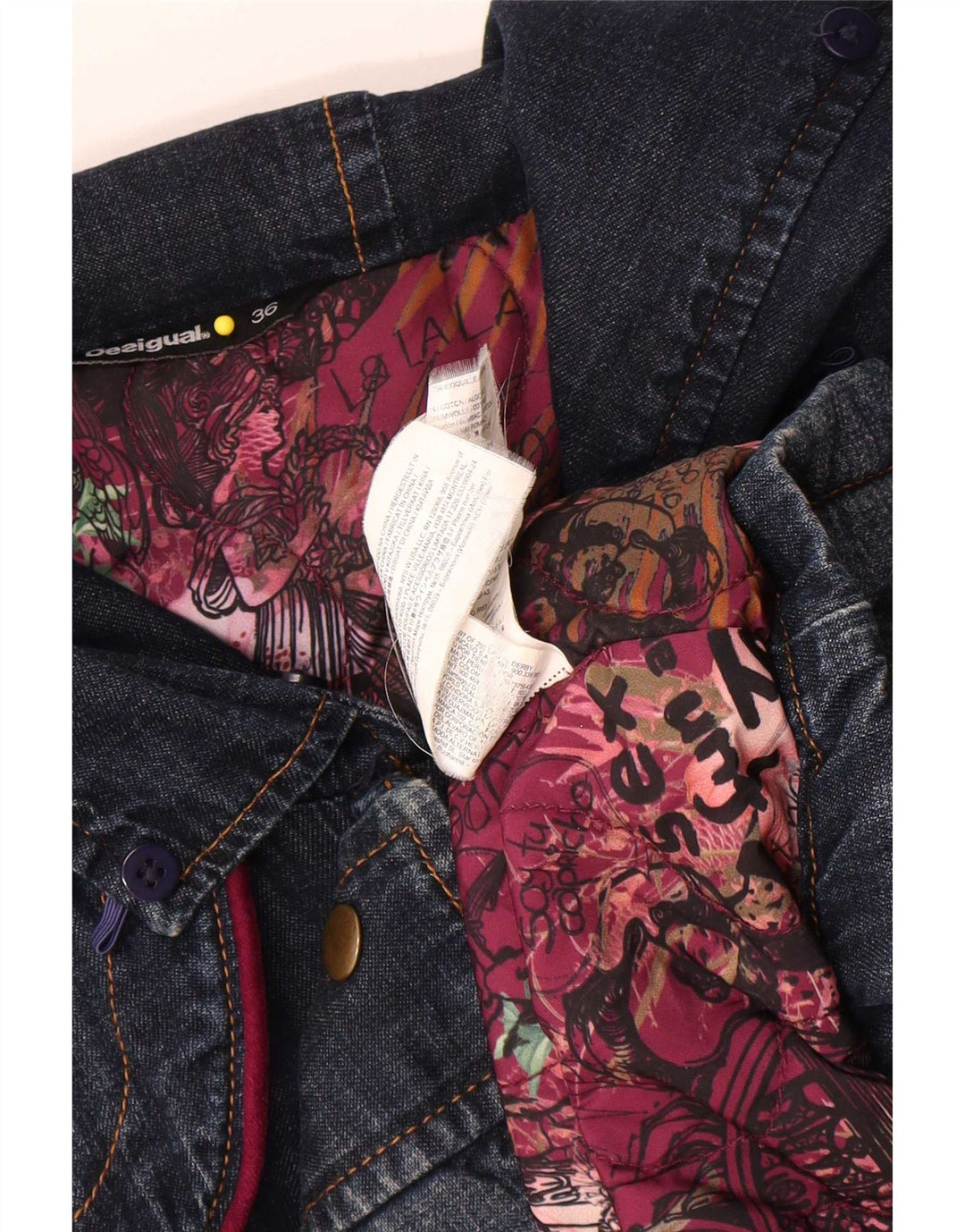Desigual damski oversize'owy płaszcz dżinsowy Graphic EU 36, mały, granatowy w kwiaty