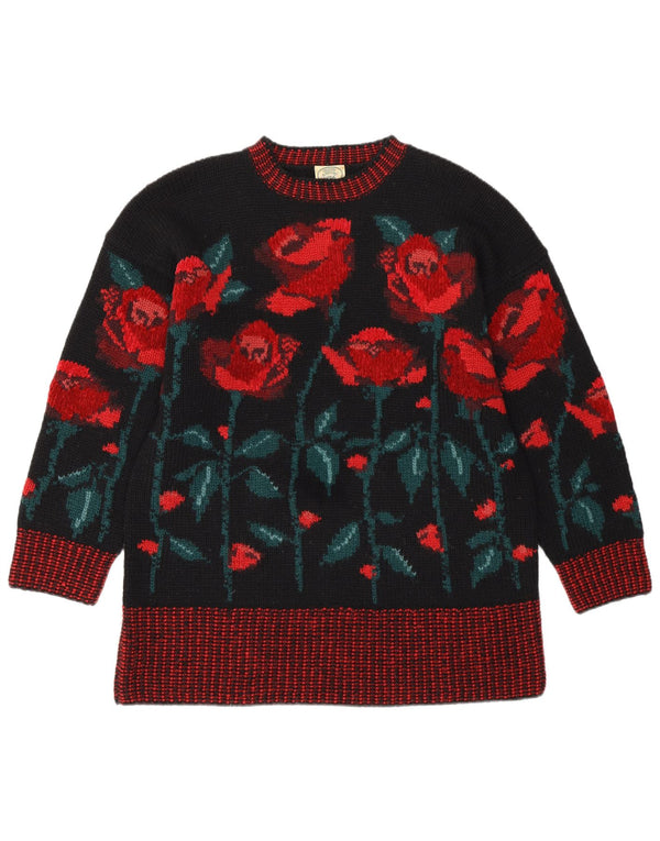 LAURA ASHLEY Damski sweter z okrągłym dekoltem UK 14, średni czarny w kwiaty