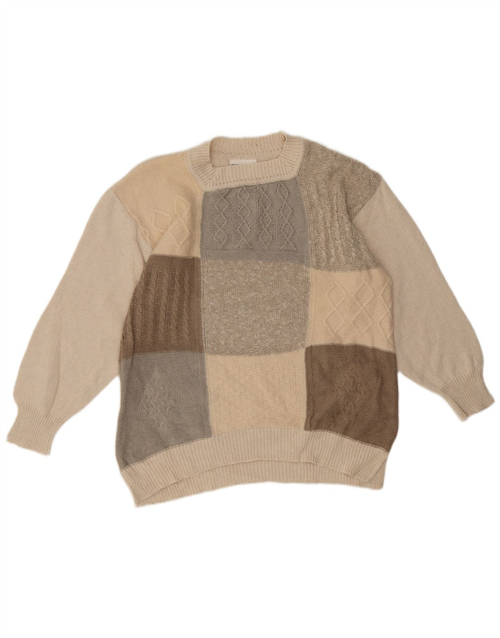 Sweter damski w stylu vintage z okrągłym dekoltem EU 42, duży beżowy patchwork