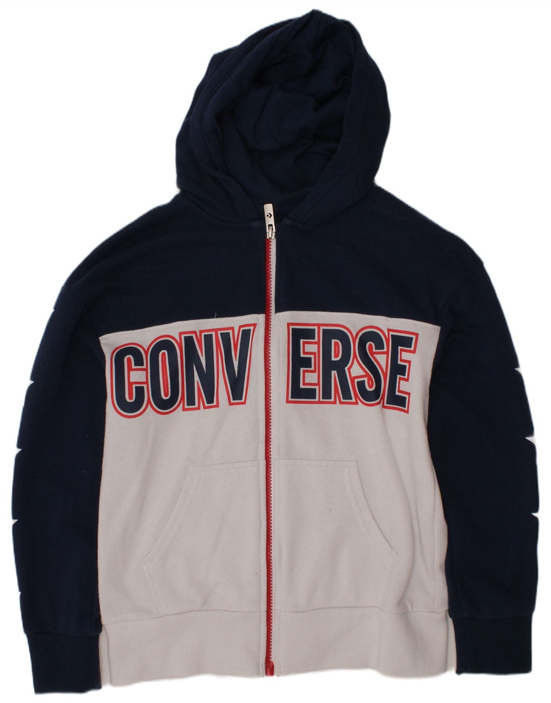 CONVERSE Chłopięcy sweter z kapturem i zamkiem, 8-9 lat, mały, granatowy, z blokami kolorów
