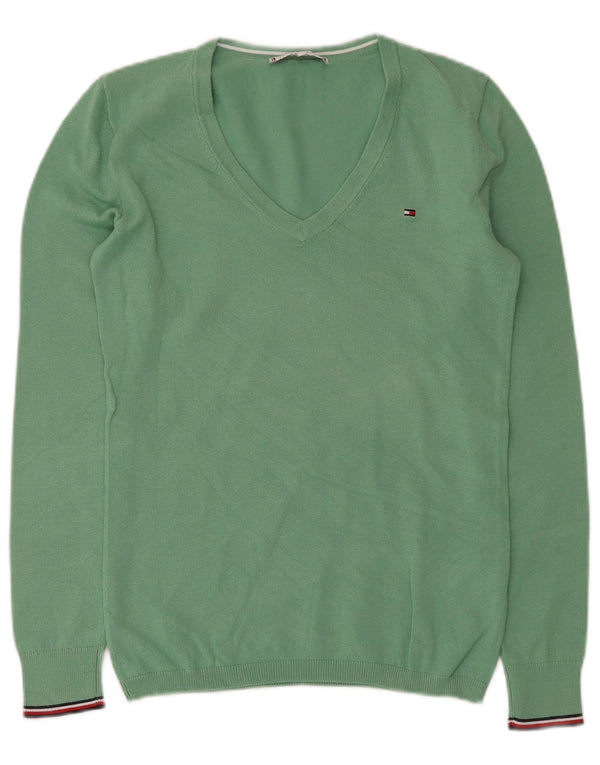 Damski sweter Tommy Hilfiger z dekoltem w kształcie litery V, UK 6 XS, zielony, bawełniany