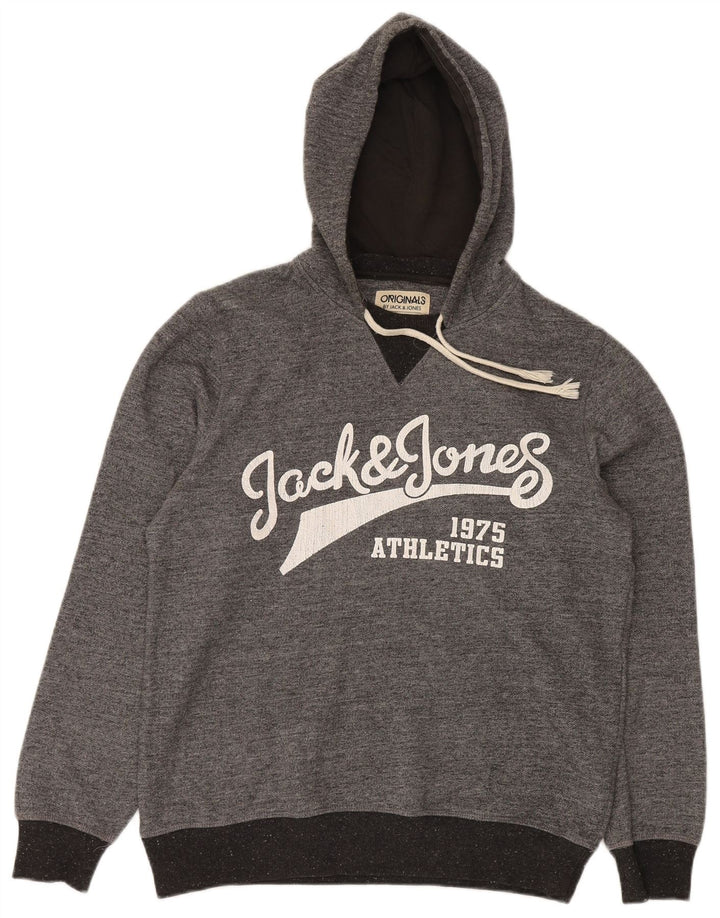 Męski sweter z kapturem i grafiką Jack & Jones, średnioszary, nakrapiany poliester