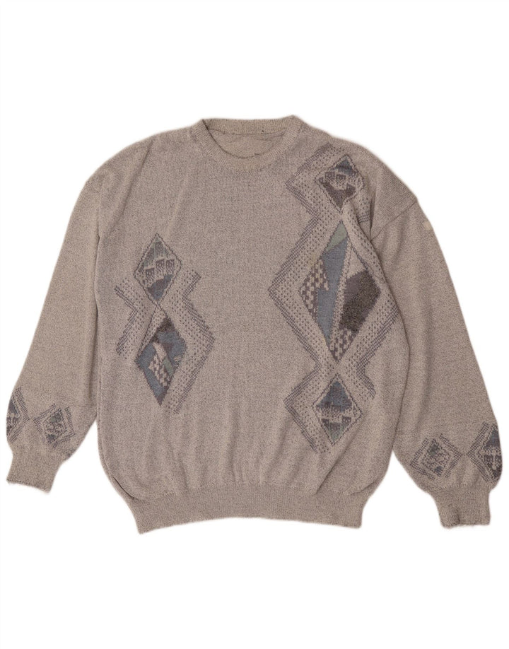 Vintage męski sweter o regularnym kroju z okrągłym dekoltem, duży, szary Argyle/diament