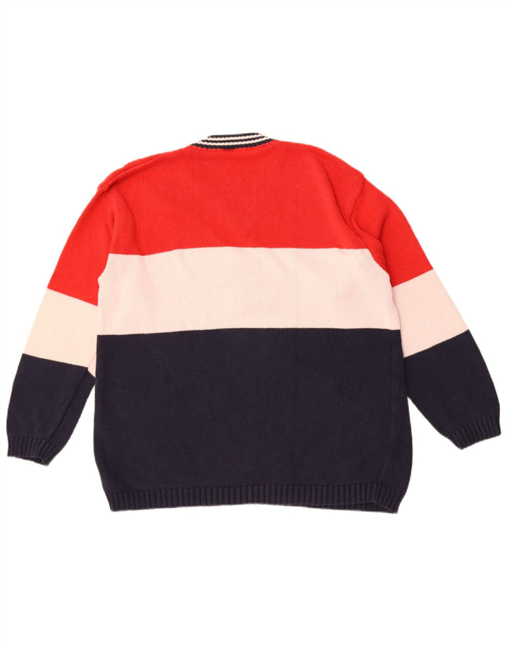 Męski sweter w stylu vintage z graficznym dekoltem w szpic, duży, wielobarwny blok kolorów