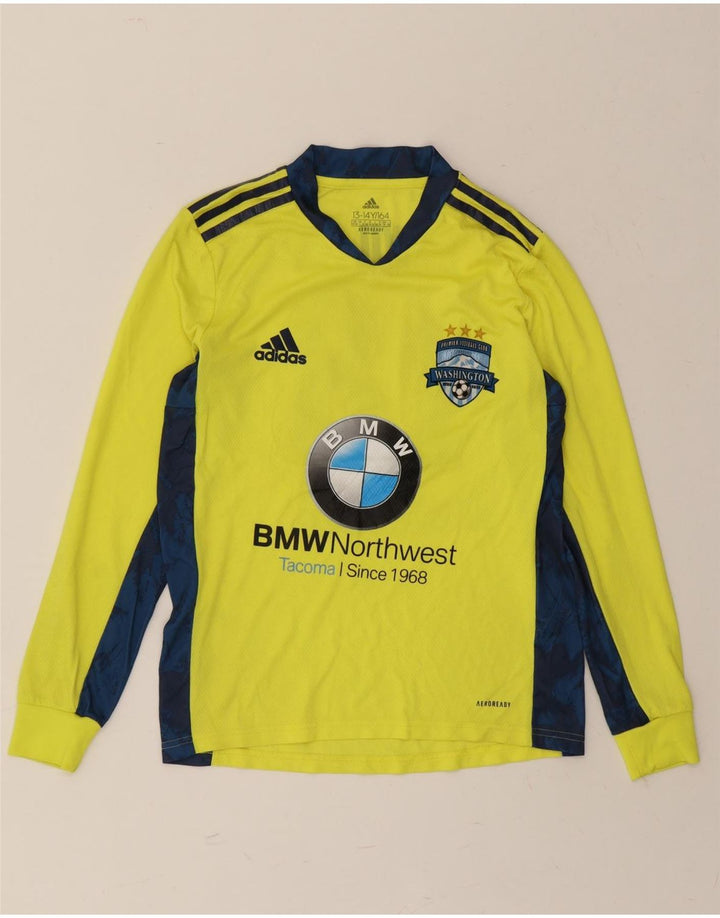 ADIDAS Boys Graphic Top Long Sleeve 13-14 Years Yellow Vintage Adidas and Second-Hand Adidas from Messina Hembry 