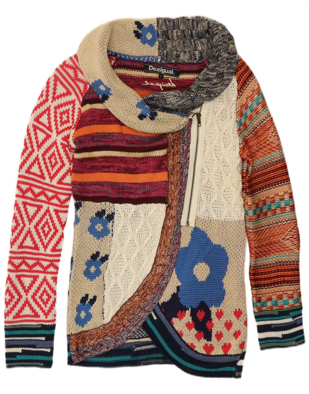 Desigual damski sweter rozpinany UK 14, duży wielobarwny patchwork