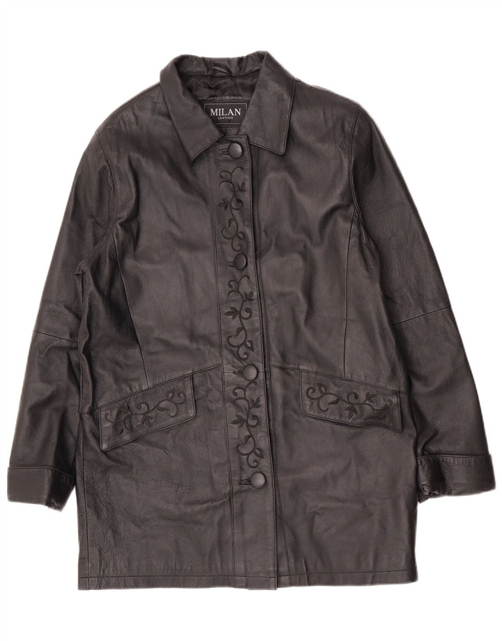 Vintage damski płaszcz skórzany US 12, duża czarna skóra w kwiaty