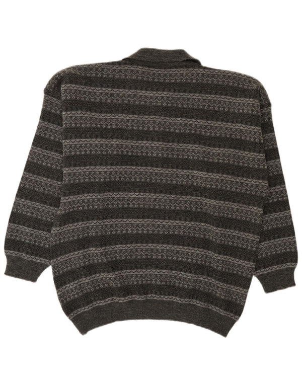 Vintage męski sweter polo z dekoltem w duże szare paski