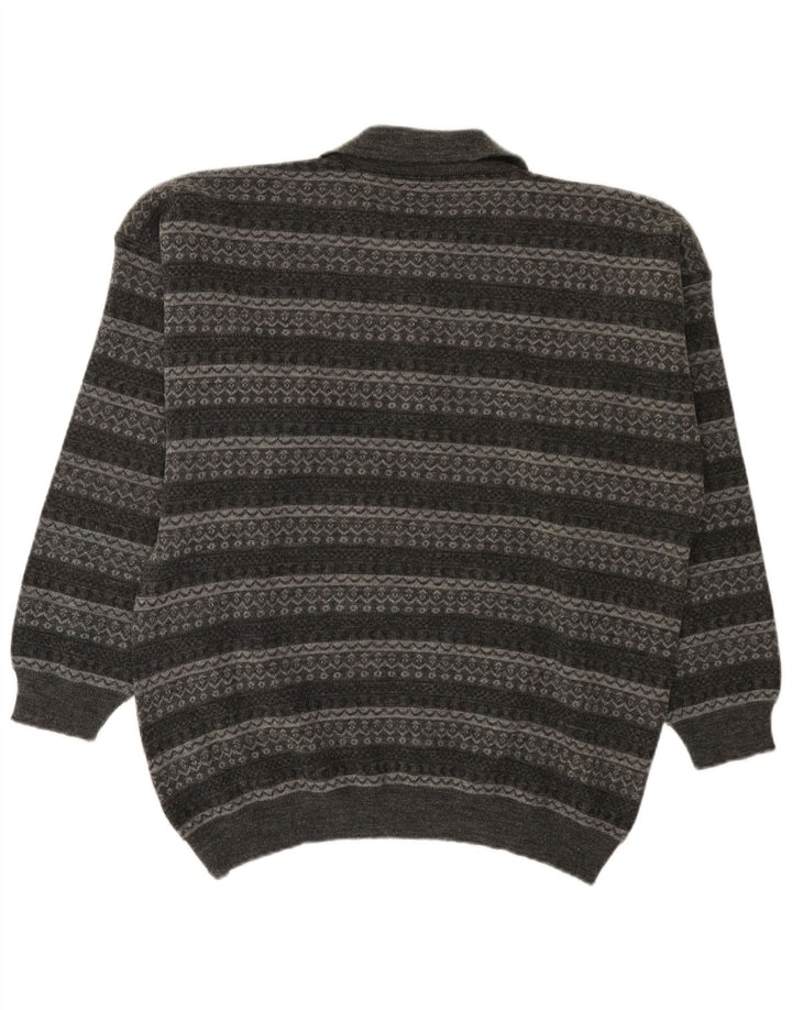 Vintage męski sweter polo z dekoltem w duże szare paski