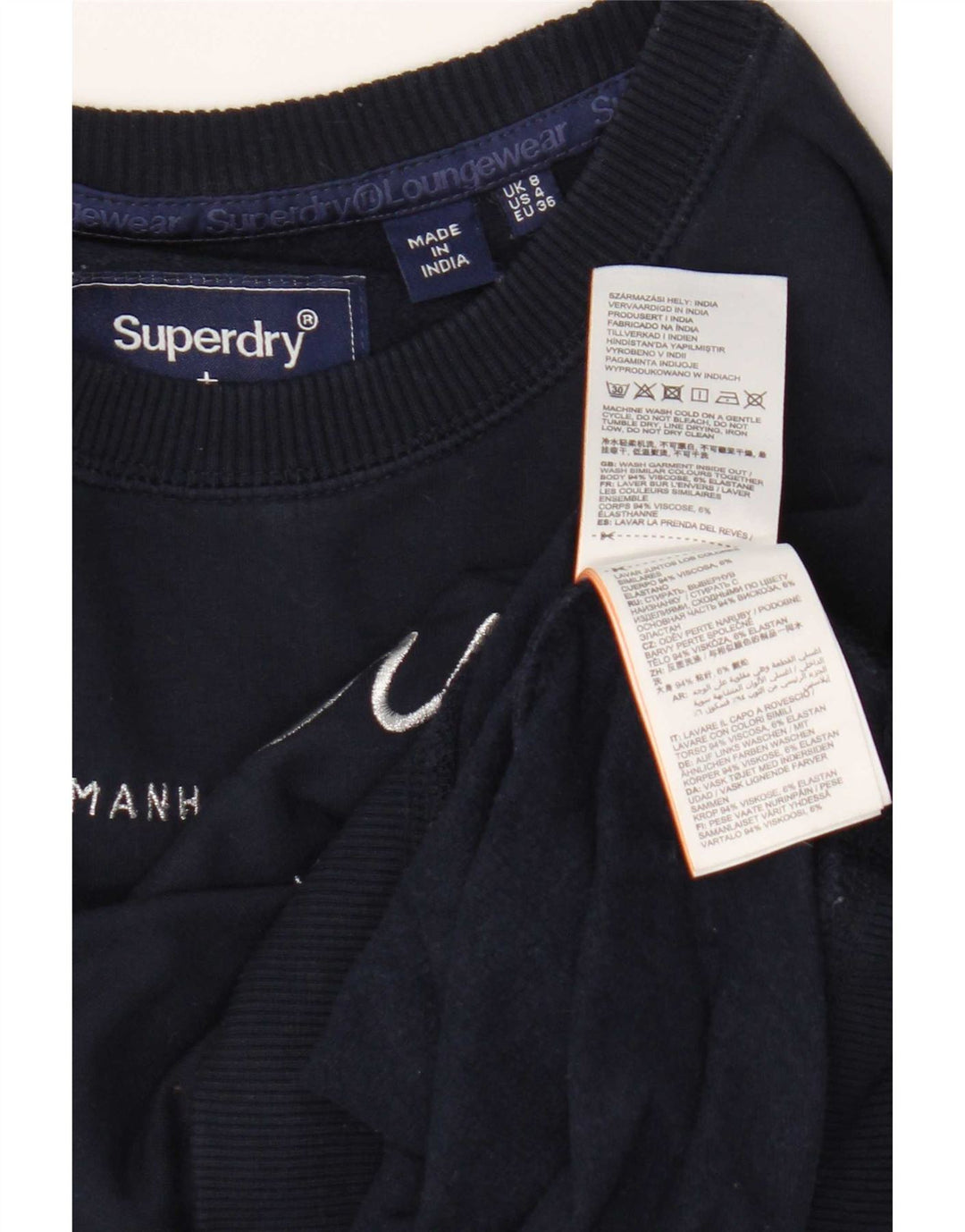 Damski sweter z grafiką Superdry UK 8 Small, granatowy, wiskoza