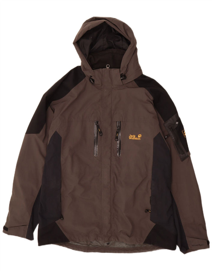 Męska kurtka przeciwdeszczowa Jack Wolfskin UK 40/42, duży szary poliamid z blokami kolorów