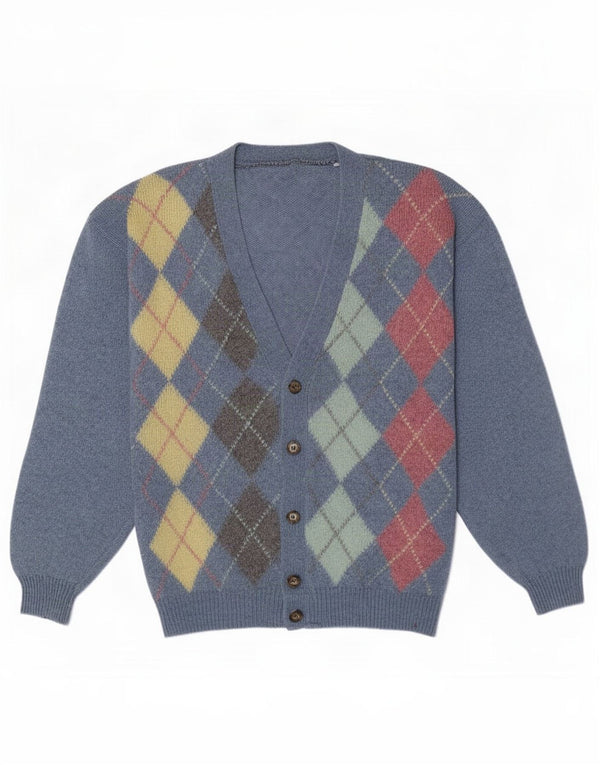 Vintage męski sweter rozpinany, duży, niebieski Argyle/diament