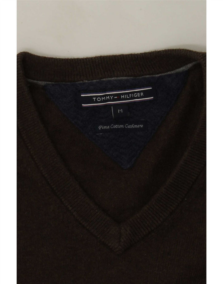 Męski sweter Tommy Hilfiger z dekoltem w kształcie litery V, średniobrązowy, bawełniany