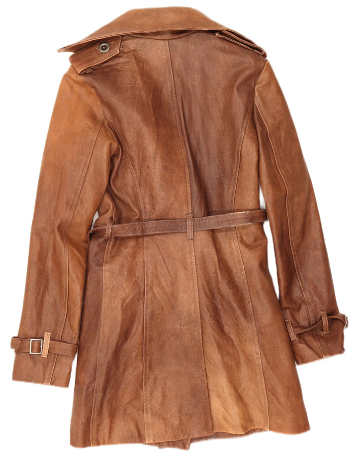Vintage damski płaszcz skórzany z podwójnymi piersiami IT 42, średniej wielkości brązowa skóra