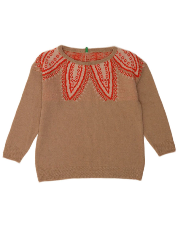 Damski sweter z wycięciem pod szyją Benetton, abstrakcyjny wzór, UK 10, mały beż