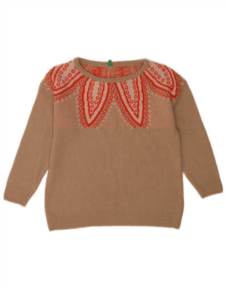 Damski sweter z wycięciem pod szyją Benetton, abstrakcyjny wzór, UK 10, mały beż