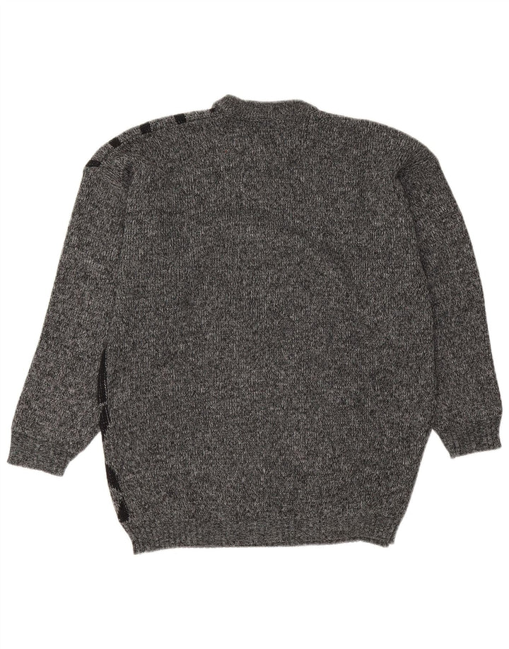 Vintage męski sweter z okrągłym dekoltem, średnio szary, geometryczny akryl
