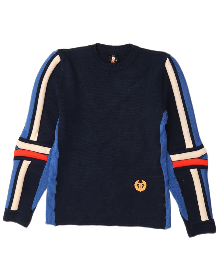 Męski sweter z okrągłym dekoltem w stylu vintage IT 48 Średni granatowy blok kolorów