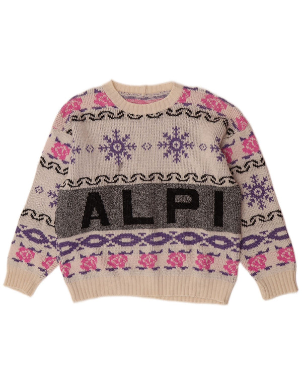 Vintage damski sweter z graficznym dekoltem w łódkę UK 14 Large White Fair Isle