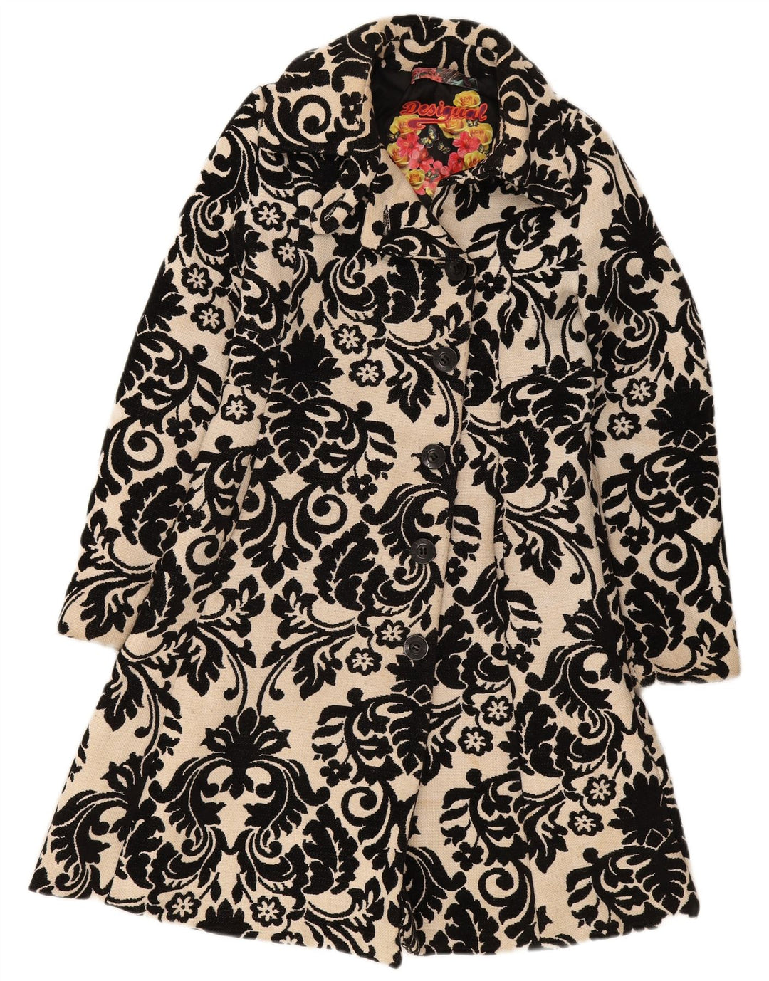 Desigual damski płaszcz z tęczową grafiką EU 38 w kolorze średniego beżu w kwiaty