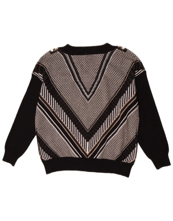Sweter damski w stylu vintage z dekoltem w szpic, UK 14, duży, czarny, poliestrowy w paski