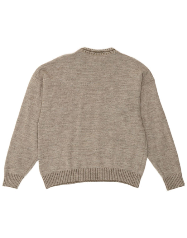 Vintage męski sweter z okrągłym dekoltem, średnio szary, geometryczny retro
