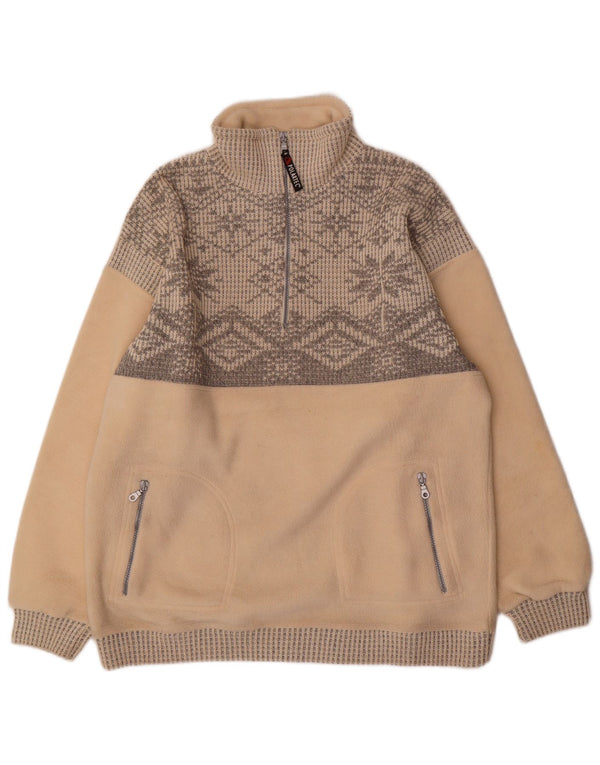 Vintage męski sweter polarowy z zamkiem błyskawicznym, duży, beżowy, poliester Fair Isle