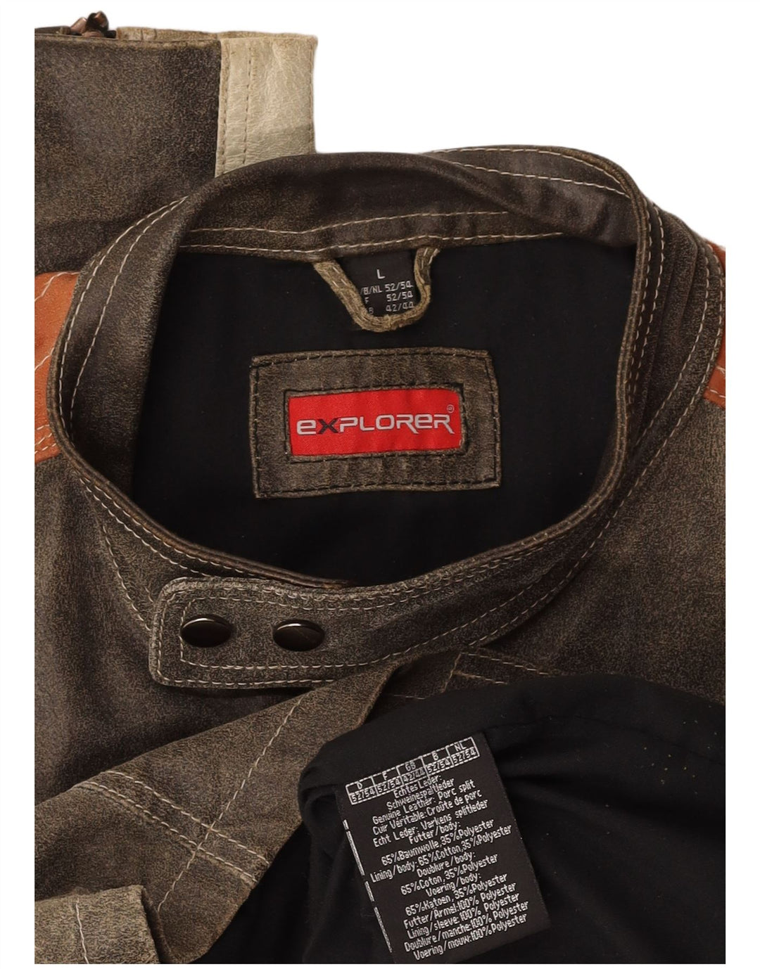 Męska kurtka skórzana EXPLORER UK 40, duża, szara skóra z blokami kolorów