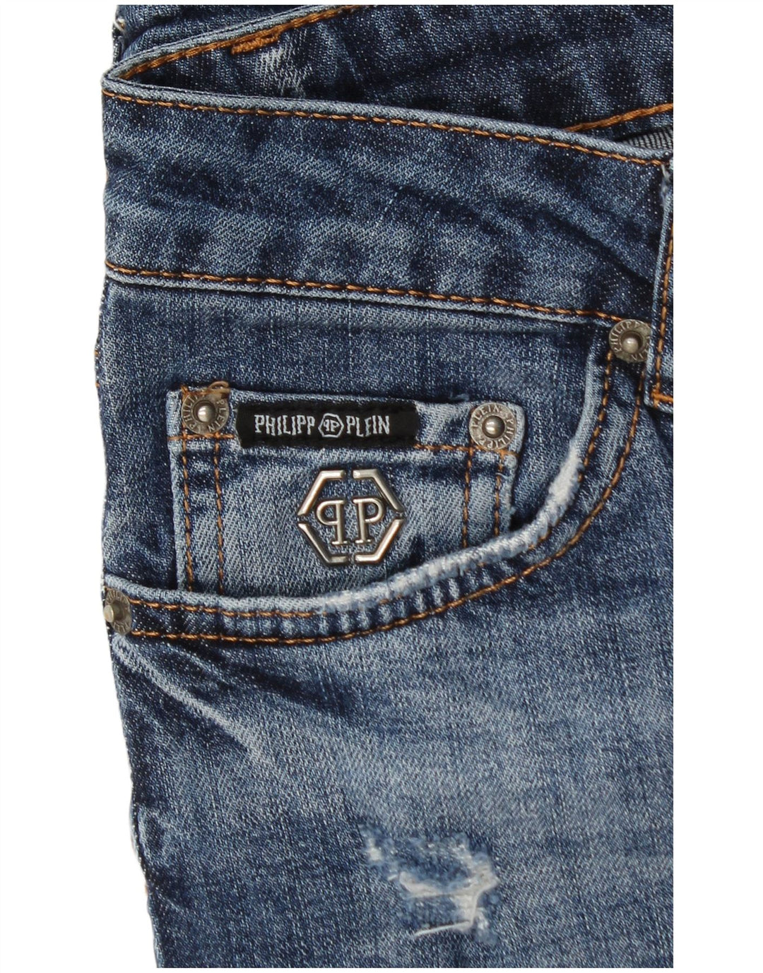 PHILIPP PLEIN Damskie jeansy typu slim, proste, w trudnej sytuacji W28 L30, niebieska bawełna