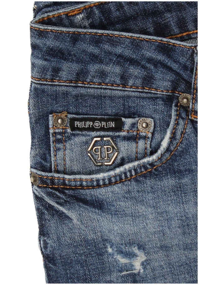 PHILIPP PLEIN Damskie jeansy typu slim, proste, w trudnej sytuacji W28 L30, niebieska bawełna