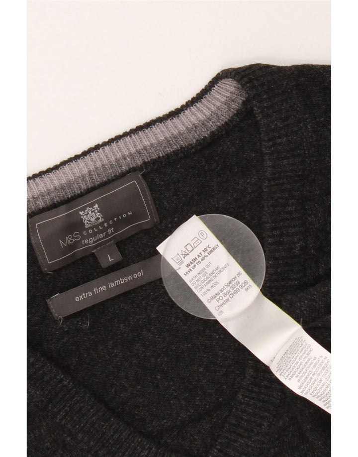 Marks & Spencer Męski sweter o regularnym kroju z dekoltem w kształcie litery V, duży, czarny, wełniany