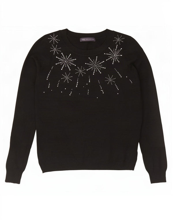 Damski sweter Marks & Spencer z graficznym dekoltem w łódkę, UK 12, średni czarny